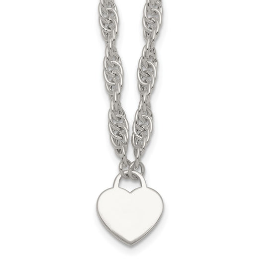 Sterling Silver Polished Fancy Heart Disc on Rope Chain Necklace Necklace 16+2"