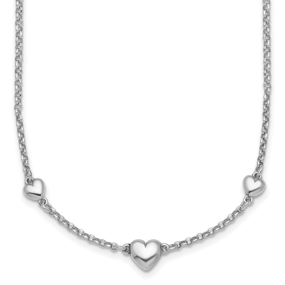 Sterling Silver Rhodium-plated Three Puffed Hearts 16" with 2" Extender Necklace