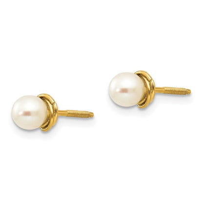 14k Yellow Gold 4-5mm Semi-round FW Cultured Pearl Love Knot Stud Earrings