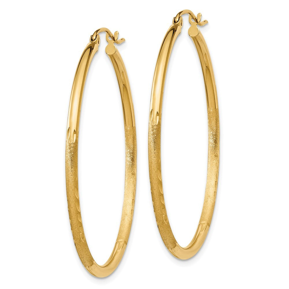 14k Yellow Gold Satin and Diamond-cut 2mm Round Tube Hoop Earrings