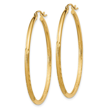 14k Yellow Gold Satin and Diamond-cut 2mm Round Tube Hoop Earrings