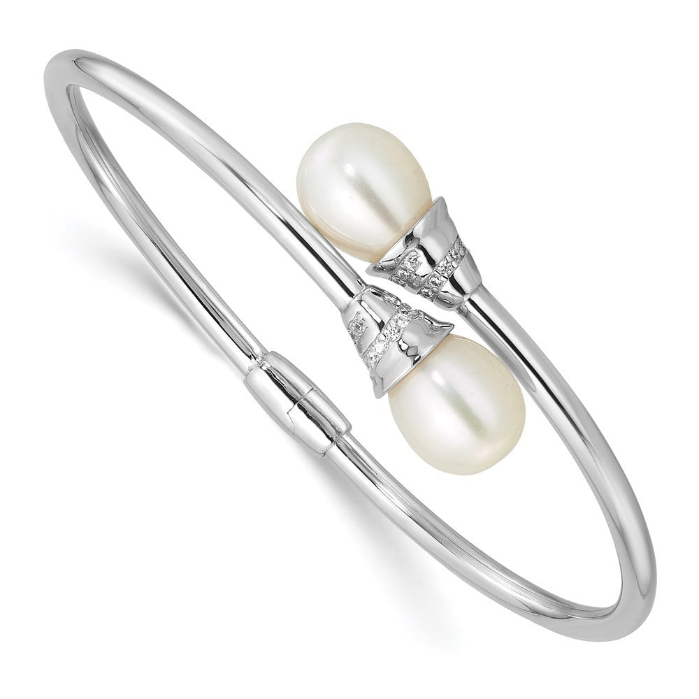Sterling Silver Rhodium-plated 8-10mm Teardrop Cultured Pearl & CZ Hinged Bangle