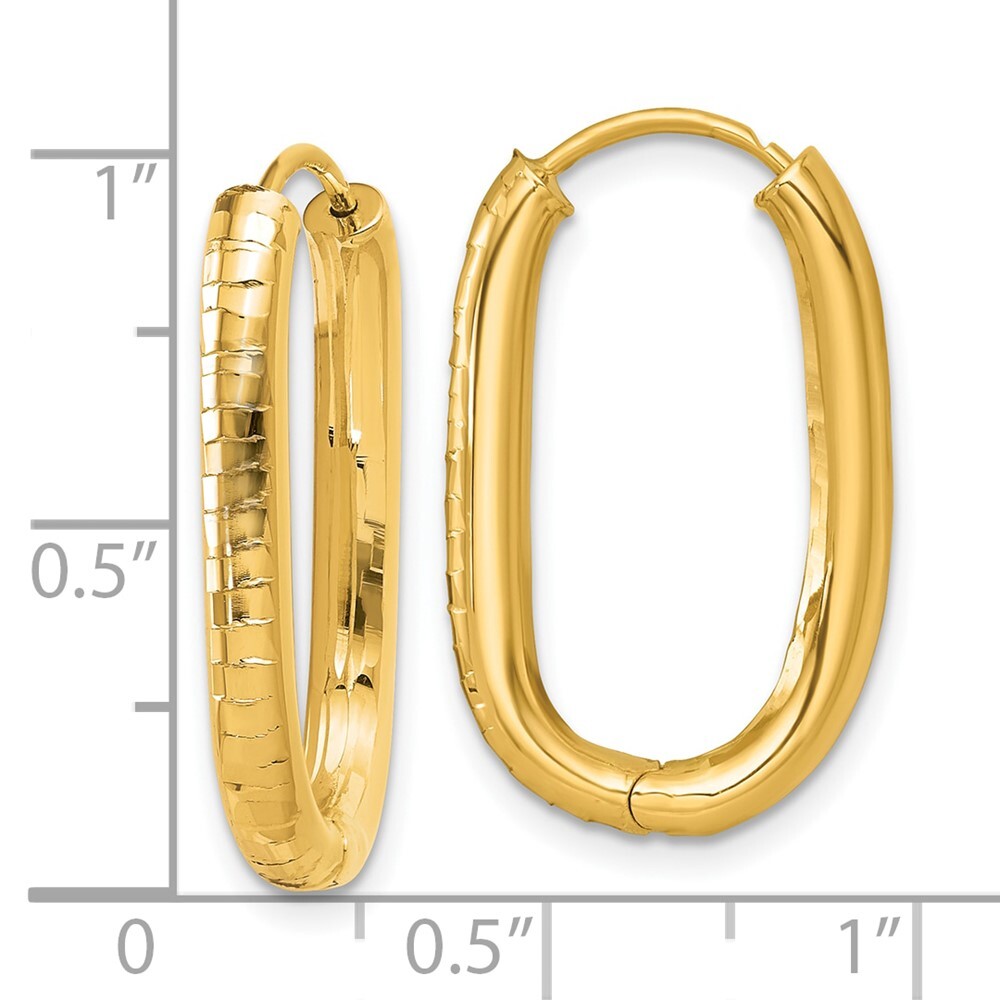 14k Yellow Gold Polished and Grooved Oval Hinged Hoop Earrings