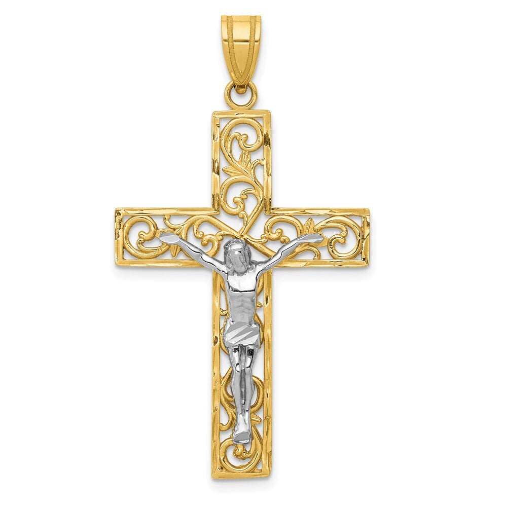 14k Two-tone Gold Diamond-Cut Large Block Filigree Crucifix Pendant for Women