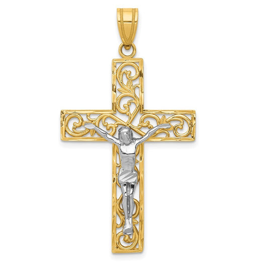 14k Two-tone Gold Diamond-Cut Large Block Filigree Crucifix Pendant for Women
