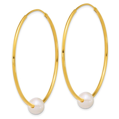 Sterling Silver Gold-plated 8-9mm White Semi-Round Cultured Pearl Hoop Earrings