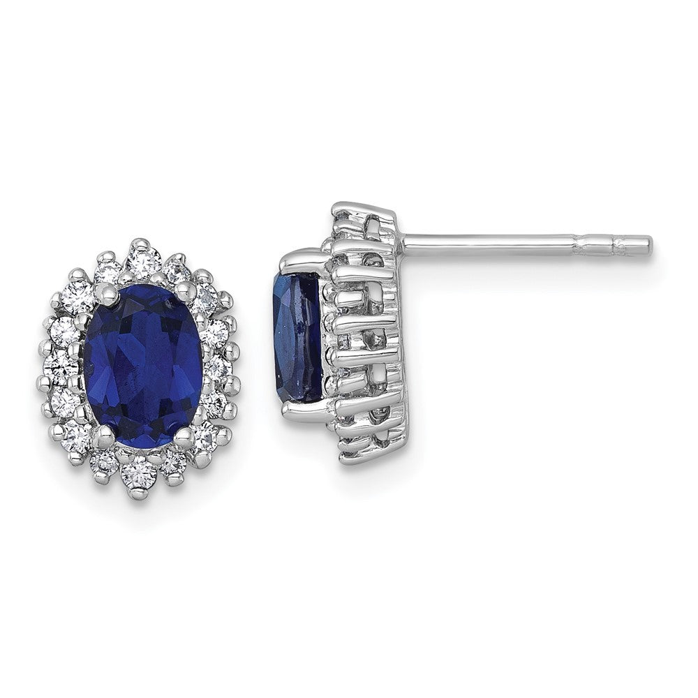 Sterling Silver Polished Lab Created Sapphire and CZ Oval Halo Earrings