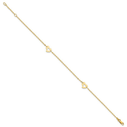 14k Yellow Gold Polished Cut-out Heart 10" Anklet