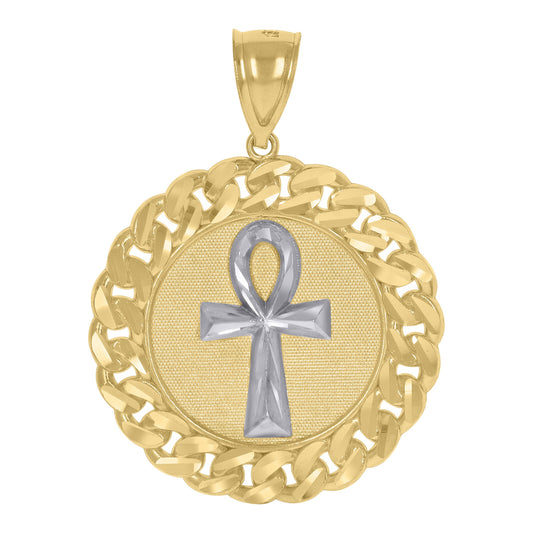 10k Gold Two-Tone Textured Ankh Cross Religious Cuban Link Medallion Pendant