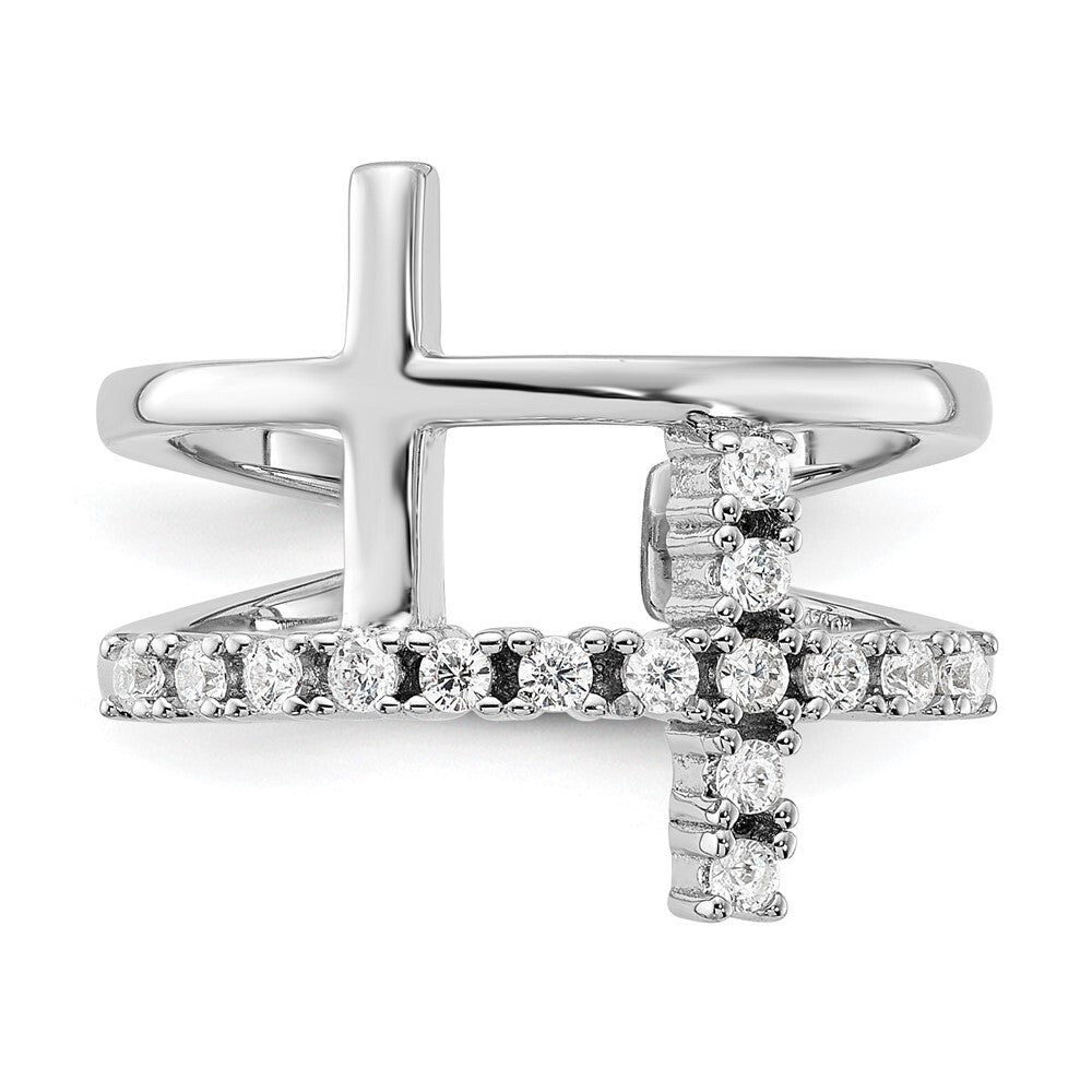 Sterling Silver Rhodium-plated Double Cross CZ Open Back Ring Size 7