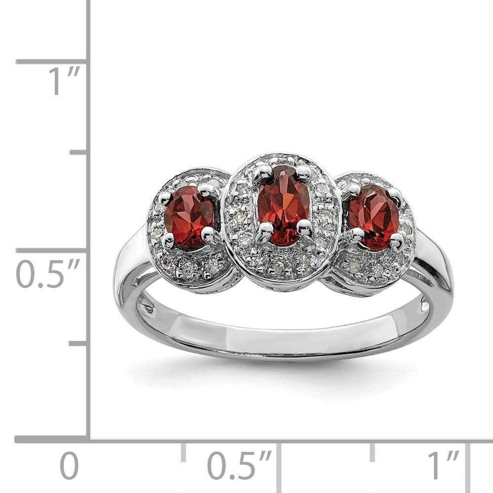 Sterling Silver Rhodium-plated 3 Stone Garnet & Diamond Ring Size 7