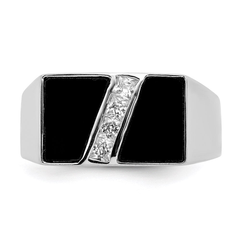 Sterling Silver Rhodium-plated Men's Cubic Zirconia and Onyx Ring Size 9