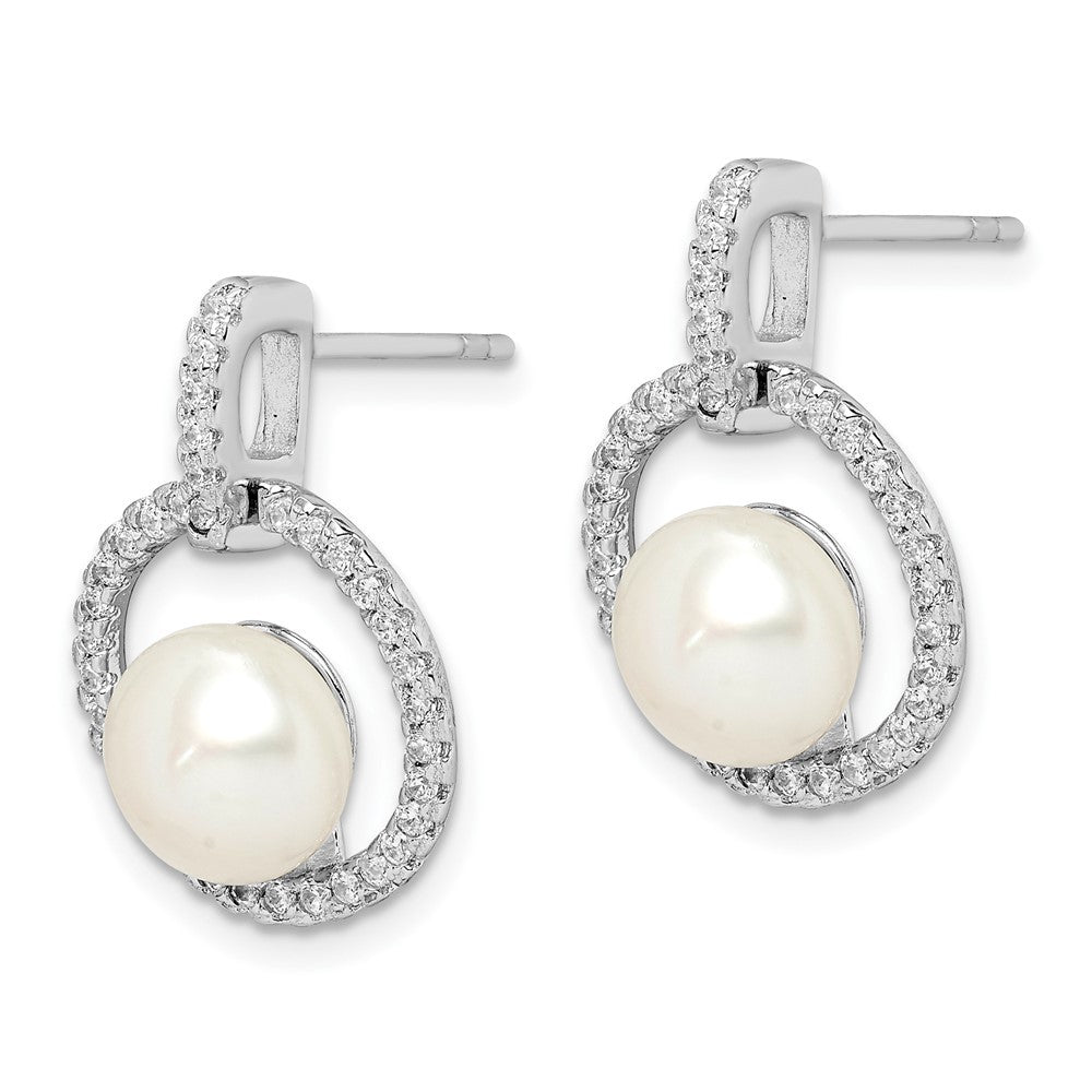 Sterling Silver 8-9mm Freshwater Cultured Pearl and CZ Dangle Earrings