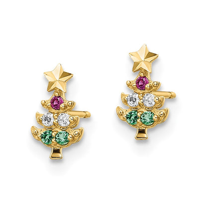 14k Gold Red & Clear Cubic Zirconia & Green Glass Christmas Tree Stud Earrings