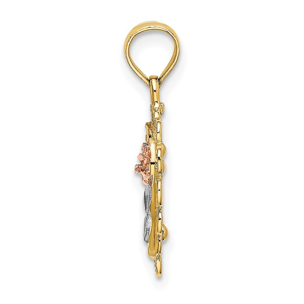 14k Two-tone with White Rhodium Heart with Rose and Lace Border Charm