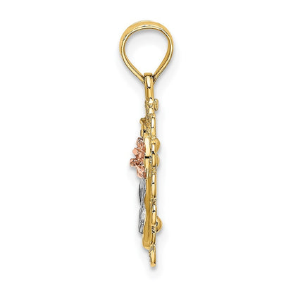 14k Two-tone with White Rhodium Heart with Rose and Lace Border Charm