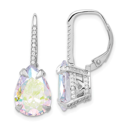Sterling Silver Rhodium-plated Pear Iridescent Cubic Zirconia Leverback Earrings