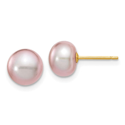 14k Yellow Gold 7-8mm Purple Button Freshwater Cultured Pearl Stud Earrings