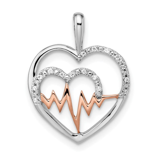 14k Two-tone Gold White and Rose Heart w/Beat Diamond Pendant