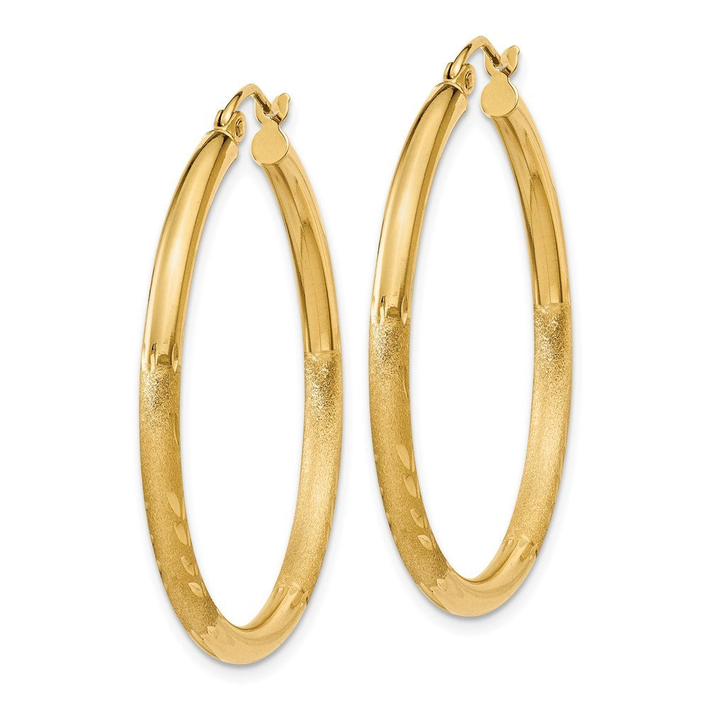 14k Yellow Gold Satin & Diamond-cut 2.5mm Round Hoop Earrings