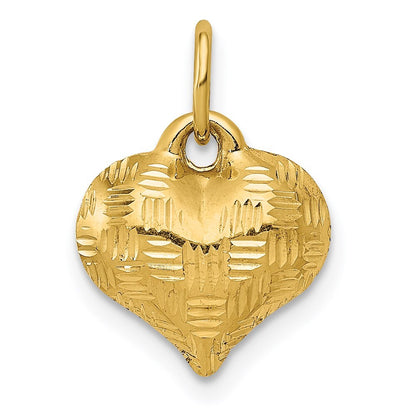 14k Yellow Gold Polished Basket Weave Pattern 3-D Heart Pendant for Women