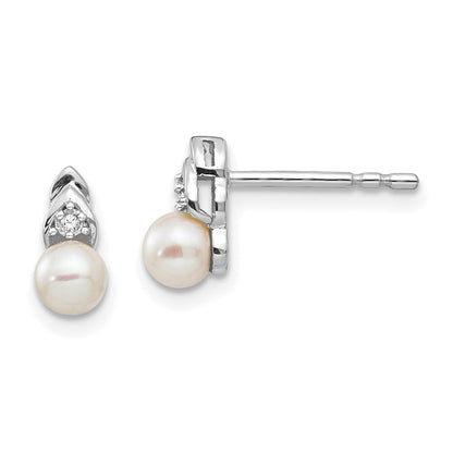 14k White Gold FW Cultured Pearl and Diamond Stud Earrings Gift for Women