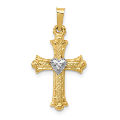 14k Yellow Gold Rhodium Diamond Fleur De Lis Cross Pendant for Women
