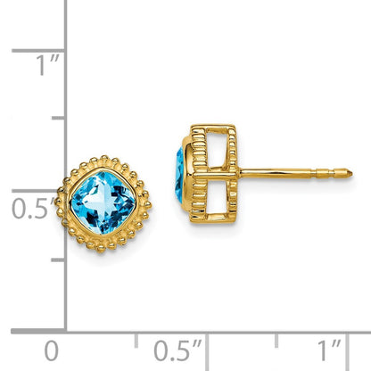 14k Yellow Gold Cushion Blue Topaz Stud Earrings