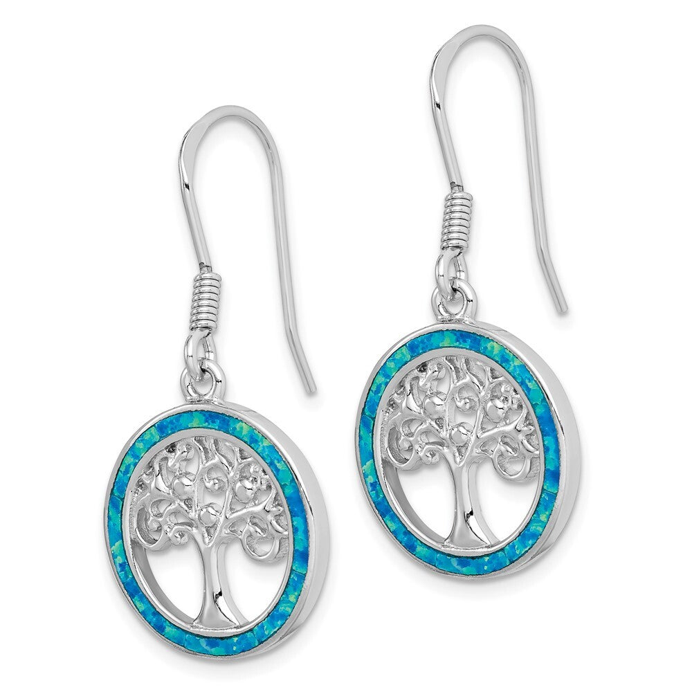 Sterling Silver Rhodium-plated Creat Blue Opal Tree Dangle Earrings