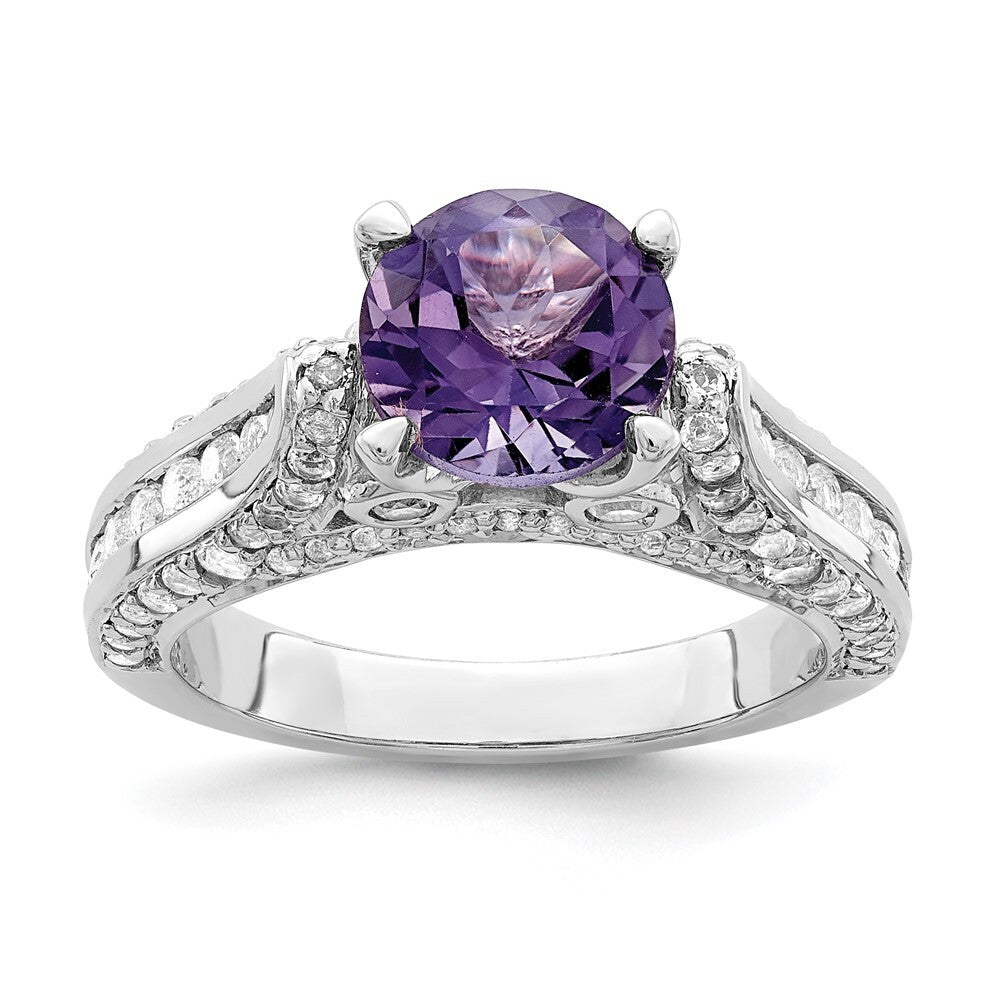 Sterling Silver Rhodium-plated 8mm Amethyst & White Topaz Ring Size 7