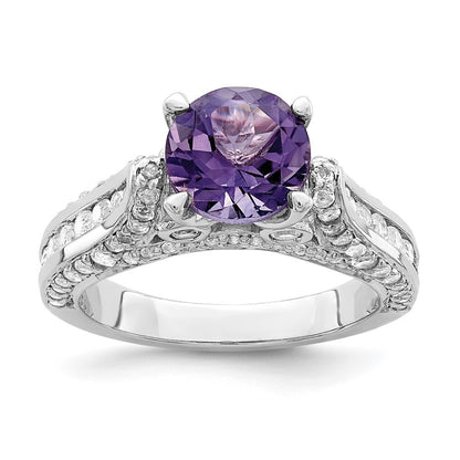 Sterling Silver Rhodium-plated 8mm Amethyst & White Topaz Ring Size 7