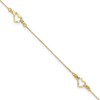14k Yellow Gold Diamond-cut Open Heart 3-Station 11" Anklet