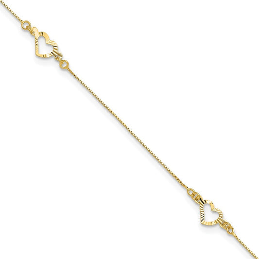 14k Yellow Gold Diamond-cut Open Heart 3-Station 11" Anklet