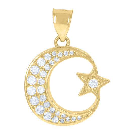 10k Yellow Gold Cubic-Zirconia Religious Symbols Moon Star Celestial Pendant