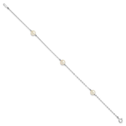 14k White Gold 5-6mm White Round Cultured Pearl 3-Station 7.25" Bracelet
