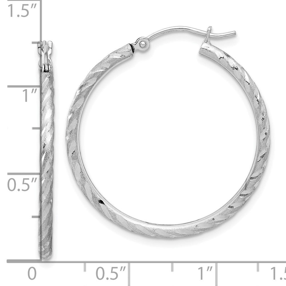14k White Gold Polished and Satin Diamond-Cut 2mm Hoop Earrings