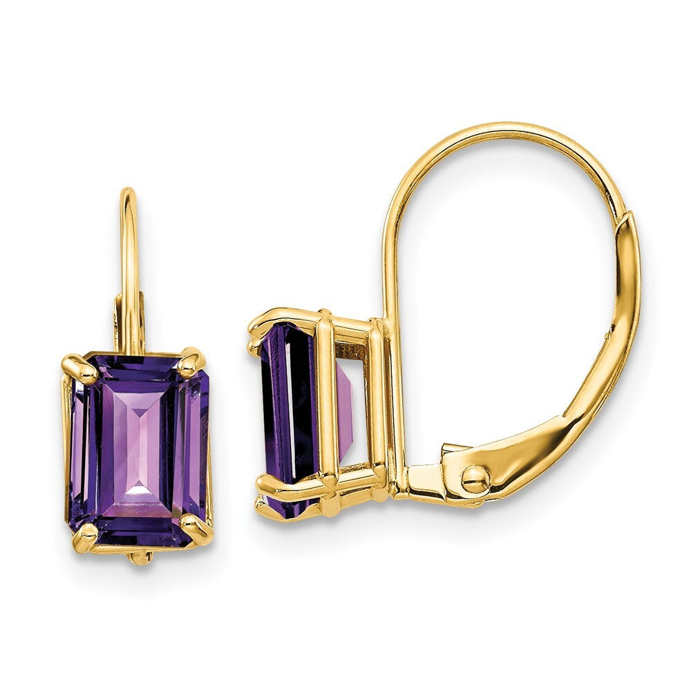 14k Yellow Gold 7x5mm Emerald Cut Amethyst Leverback Earrings Gift for Women