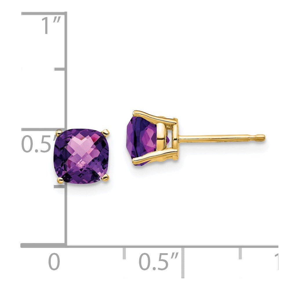 14k Yellow Gold 6x6mm Cushion Amethyst Checker Earring