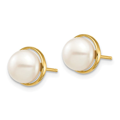 14k Yellow Gold 7-8mm White Button Freshwater Cultured Pearl Stud Earrings
