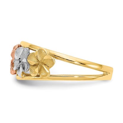 14K Two-tone Gold & Rhodium Satin Polished Diamond-Cut Flower Ring