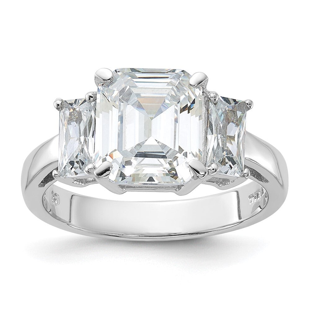 Sterling Silver Rhodium-plated Emerald-cut Cubic Zirconia 3-stone Ring Size 6