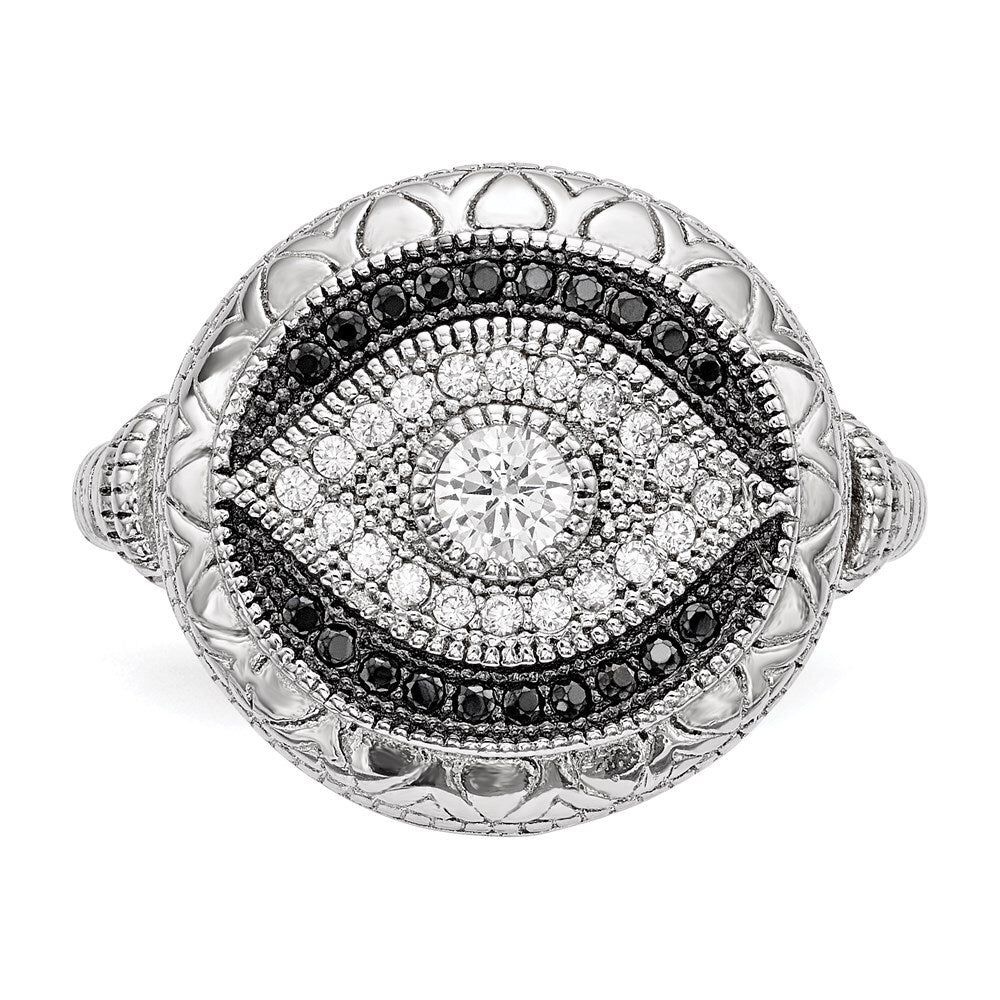 Sterling Silver Rhodium-plated Black and White Cubic Zirconia Evil Eye Ring SZ 7