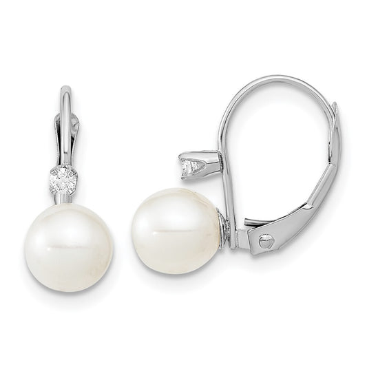 14k Gold 6-7mm Freshwater Cultured Pearl & .06 Carat Diamond Leverback Earrings