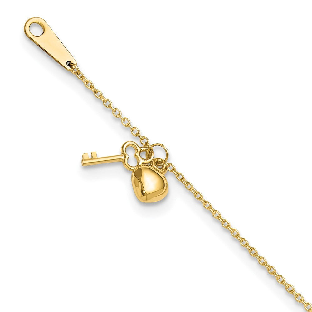 14k Yellow Gold Cable Chain with Puffed Heart and Key Dangle 10" Anklet