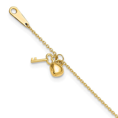 14k Yellow Gold Cable Chain with Puffed Heart and Key Dangle 10" Anklet