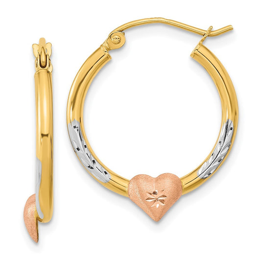 14k Two-tone with White Rhodium Diamond-Cut Heart Hoop Earrings