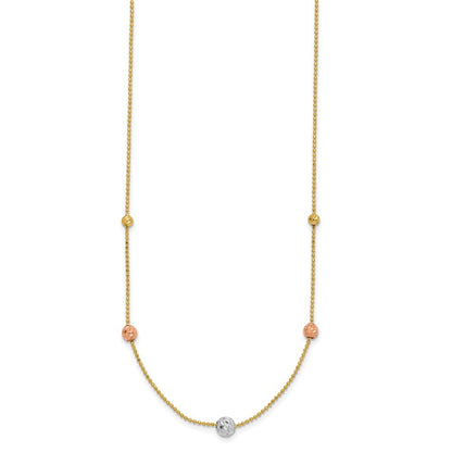 14K Tri-Color Diamond-cut Beads and Beaded Chain Necklace 18" Station Necklace