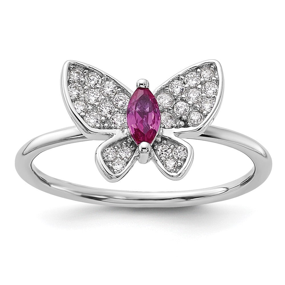 Sterling Silver Rhodium-plated Red and White CZ Butterfly Ring Size 7
