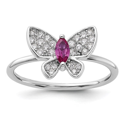 Sterling Silver Rhodium-plated Red and White CZ Butterfly Ring Size 7
