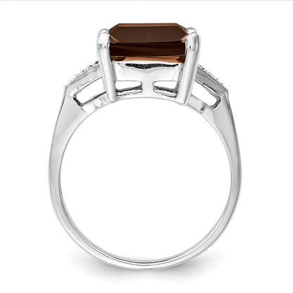 Sterling Silver Rhodium Smoky Quartz & Diamond Ring Size 6